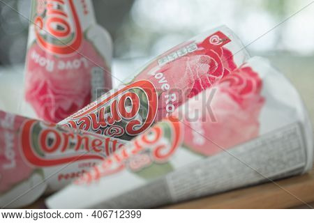 Samut Prakan, Thailand - February 2, 2021 : Selective Focus Of New Ice Cream Cornetto Love Rose Come