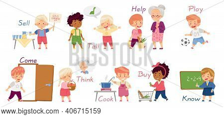 Funny Kids Engaged In Different Activities Demonstrating Verb Vector Set