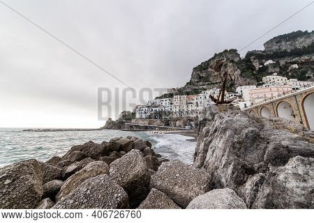 Atrani, Amalfi Coast, Campania, Italy, February 2020: Cityscape Of Atrani View Thought The Rock, Atr