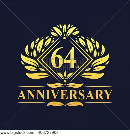 64 Years Anniversary Logo, Luxury Floral Golden 64th Anniversary Logo.