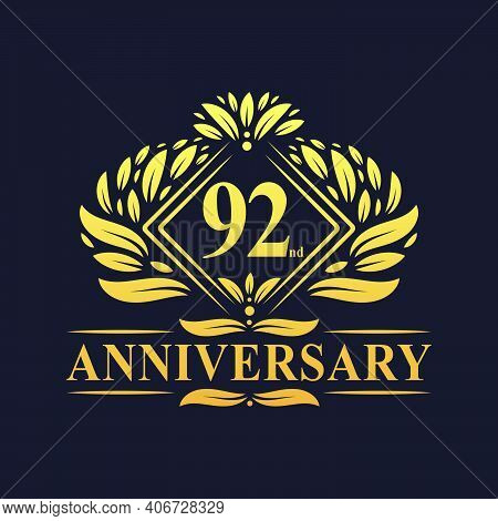 92 Years Anniversary Logo, Luxury Floral Golden 92nd Anniversary Logo.