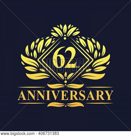 62 Years Anniversary Logo, Luxury Floral Golden 62nd Anniversary Logo.