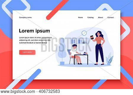 Mom Helping Son To Do School Home Task. Boy Writing At Desk, Woman Holding Book Flat Vector Illustra
