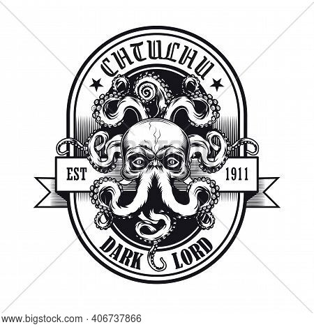 Black And White Emblem With Cthulhu Head Vector Illustration. Vintage Sign Or Sticker With Ancient M