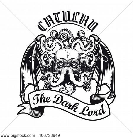 Retro Emblem With Cthulhu Head Vector Illustration. Black Sign Or Sticker With Octopus Creature Havi