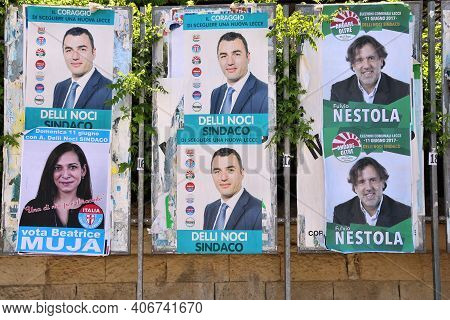 Lecce, Italy - June 1, 2017: Political Candidates Posters In Lecce, Italy. Lecce Had Its Municipal E