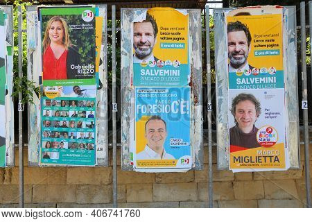 Lecce, Italy - June 1, 2017: Political Candidates Posters In Lecce, Italy. Lecce Had Its Municipal E