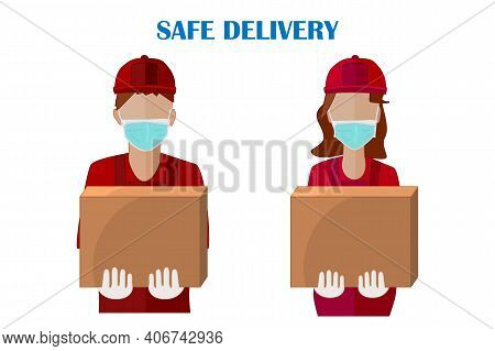 Courier With Box Isolated On White Background. Safe Food Or Merchandise Delivery To Home During Coro