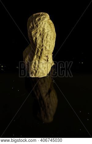 Peanut Resting On A Black Reflective Background.