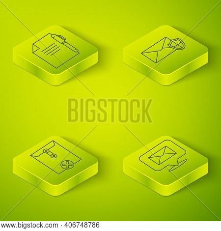 Set Isometric Envelope With Shield, Delete Envelope, Speech Bubble With Envelope And Document And Pe