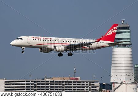 Vienna, Austria - May 13, 2018: Georgian Airways Embraer Erj-190 4l-tgv Passenger Plane Arrival And 
