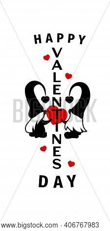 Happy Valentines Day Concept. Vertical Sign With Couple Gnome. Red Hearts. Design For Porch, Home De