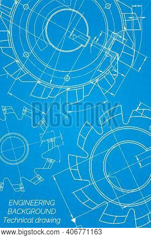 Mechanical Engineering Drawings On Blue Background. Cutting Tools, Milling Cutter. Technical Design.