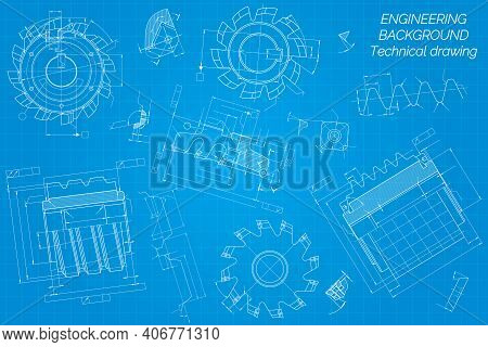 Mechanical Engineering Drawings On Blue Background. Cutting Tools, Milling Cutter. Technical Design.