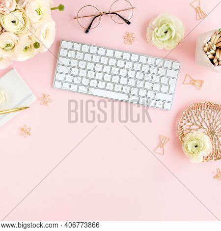 Stylized, Pink Womens Home Office Desk. Workspace With Computer, Bouquet Ranunculus And Roses, Clipb