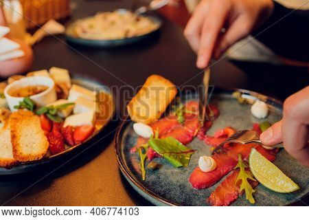 Breakfast Plate With Traditional Spanish Food, Jamon, Fried Egg, Potato Tortilla And Salami Chorizo 