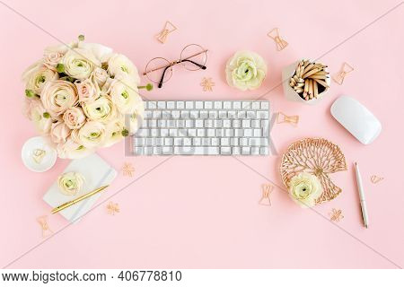 Stylized, Pink Womens Home Office Desk. Workspace With Computer, Bouquet Ranunculus And Roses, Clipb