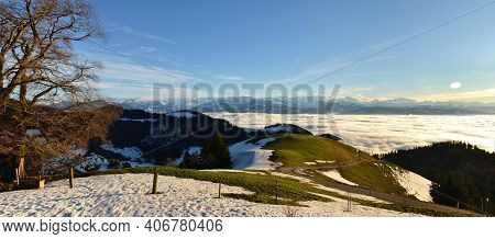 Panorama Over The Sea Of Fog With A View Of The Mountains In Glarus. Photo From Alp Scheidegg, Zuric