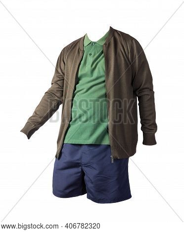 Men's Dark Green Knitten Bomber Jacket,dark Green Shirt And Dark Blue Sports Shorts Isolated On Whit