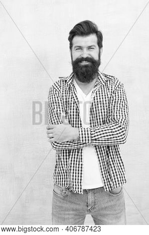 Any Length Any Style. Happy Hipster With Unshaven Beard Hair. Unshaven Man With Bearded Smile In Cas