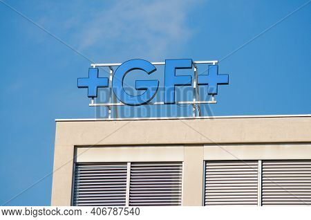 Locarno, Ticino, Switzerland - 16th January 2021 : Georg Fischer (abbreviated Gf Or +gf+) Sign Hangi
