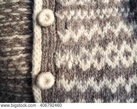 Hand Knit Neutral Accessories. Traditional Knitting And Knitted Buttons. Gray And White Sheep Wool. 