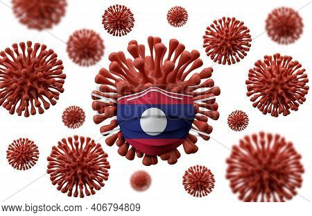Laos Flag Protective Mask On A Virus Bacteria. 3d Render