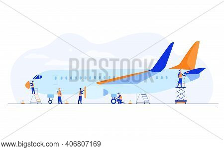Plane Service Isolated Flat Vector Illustration. Cartoon Mechanics Repairing Airplane Before Flight 