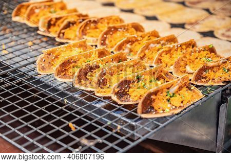 Close Up Thai Crispy Pancake Or Kanom Buang On The Stove.kanom Bueang Is An Ancient Thai Dessert Kno