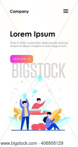 Tiny People Mixing Sugar In Big Cup Of Coffee Flat Vector Illustration. Cartoon Office Employees At 