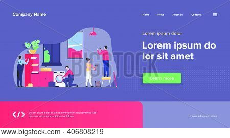Handyman Working At Customer Home. Repair Man Fixing Washing Machine, Hammering Nails. Vector Illust