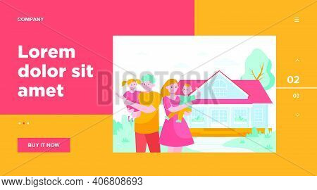 Happy Young Family Standing In Front Of House Flat Vector Illustration. Cartoon Mother, Father And K