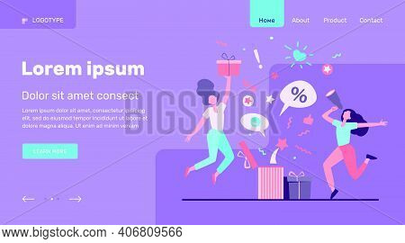 Customers Celebrating Sale. People Holding Gift, Credit Card, Loudspeaker, Dancing, Having Fun. Vect