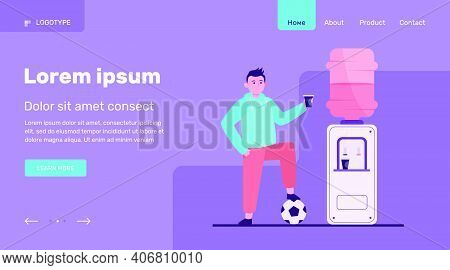 Football Player Drinking Water At Cooler. Male Athlete, Soccer, Sportsman Flat Vector Illustration. 