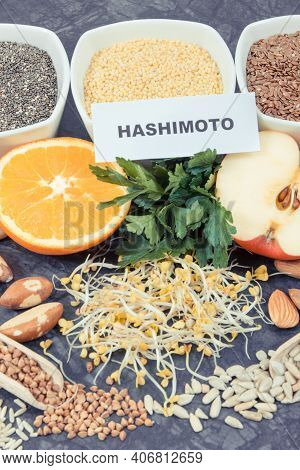 Inscription Hashimoto With Nutritious Natural Products And Ingredients Containing Vitamins For Healt