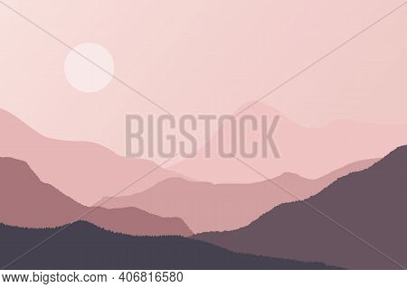 Mountain Ridge Landscape Vector Illustration At Sunrise With Gradient Color. Mountains Ridge Scenery