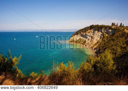 View Of The Moon Bay, Famous Beach In The Strunjan Cliff On The Coast Line Of Slovenia.