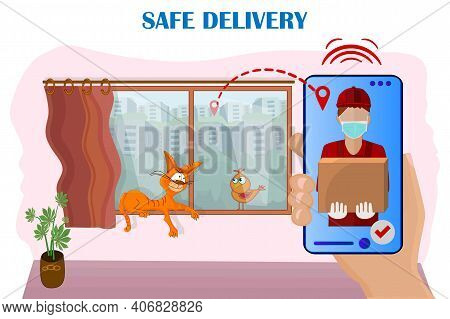 Hand Holding Smartphone With Mobile App For Online Delivery Tracking And Order Service. City Skyline