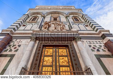 The Famous Gates Of Paradise By Lorenzo Ghiberti In Florence Baptistery. Italy