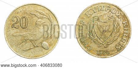 Twenty Cyprus Gold Cent Coin On White Isolated Background