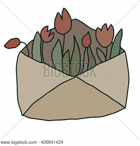 Vector Envelope With Flowers Brown Green Red
