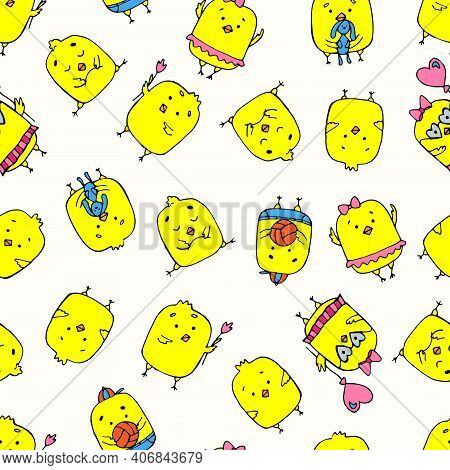 Seamless Spring Or Easter Background Pattern With Cute Little Chickens In Yellow And Aqua Blue. For 
