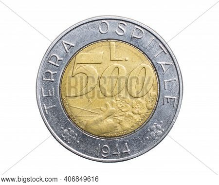 Five Hundred San Marino Lira Coin On A White Isolated Background