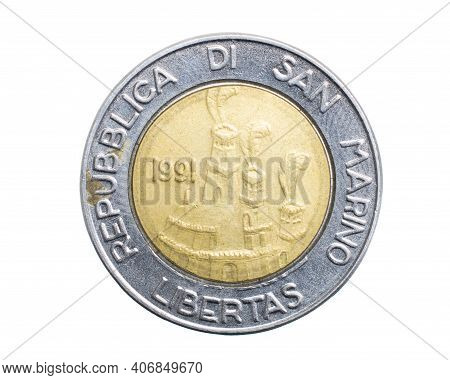 Five Hundred San Marino Lira Coin On A White Isolated Background