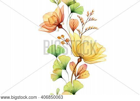 Watercolor Seamless Floral Border. Abstract Yellow Roses, Gingko Leaves And On White. Isolated Hand 