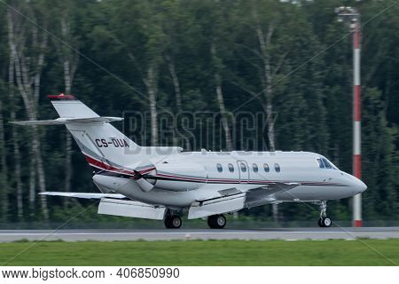 July 2, 2019, Moscow, Russia. Airplane Raytheon Hawker 750 Netjets Europe Airline At Vnukovo Airport