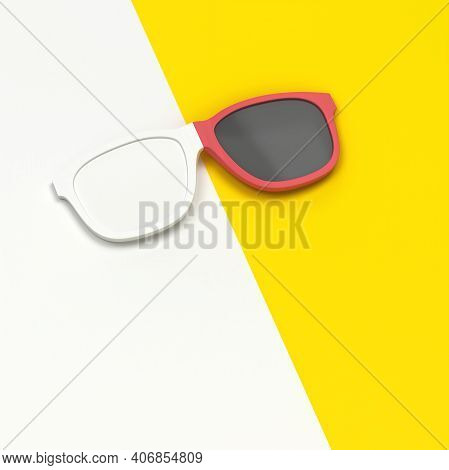 Modern Singlasses Divided In Two Colors. 3d Illustration. Minimal Concept