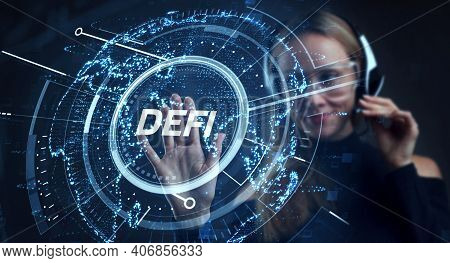 Defi -decentralized Finance On Dark Blue Abstract Polygonal Background. Concept Of Blockchain, Decen