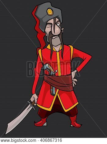 Cartoon Man In Red Traditional Clothes Of The Kuban Cossack With A Saber In His Hand