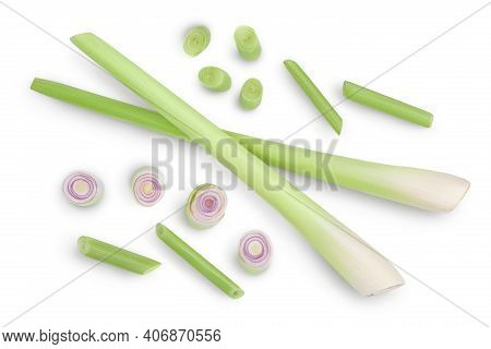 Fresh Lemongrass Isolated On White Background With Clipping Path. Top View. Flat Lay
